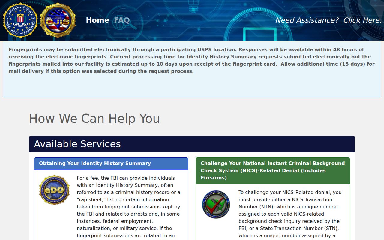 Webster County FBI identity history self-record portal
