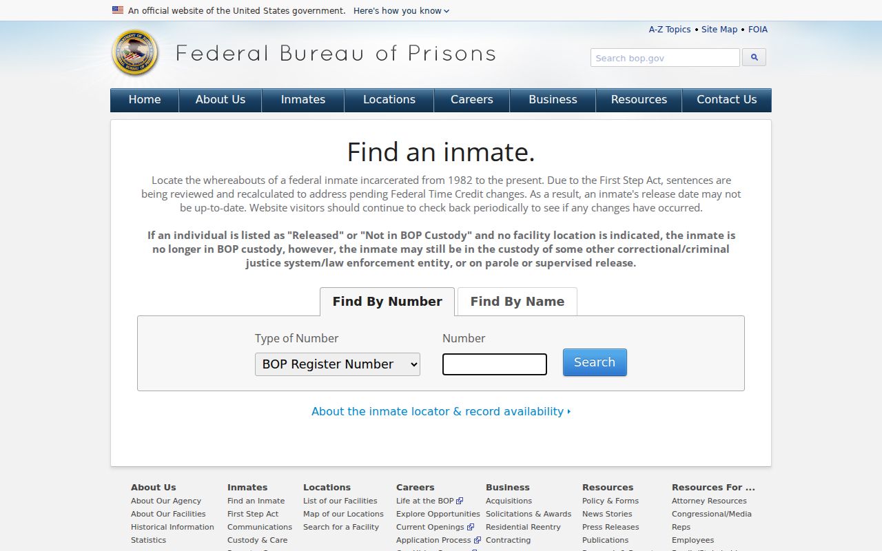 Federal Bureau of Prisons inmate locator search form