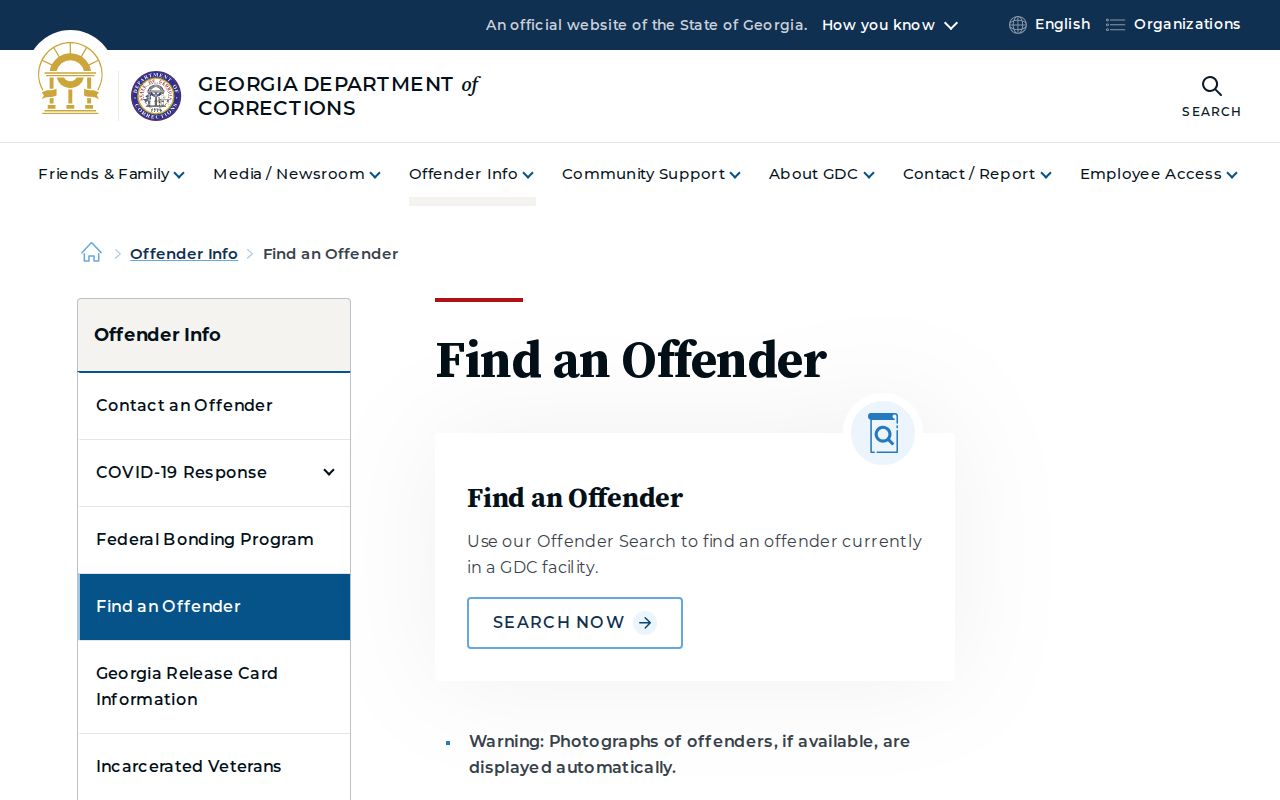 Georgia Department of Corrections Find an Offender entry page