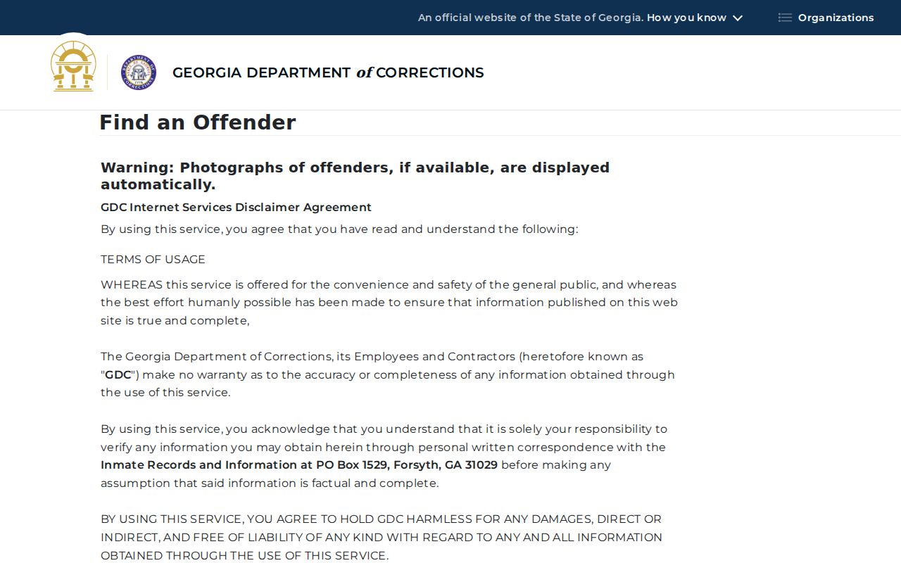 Georgia Department of Corrections offender search form fields