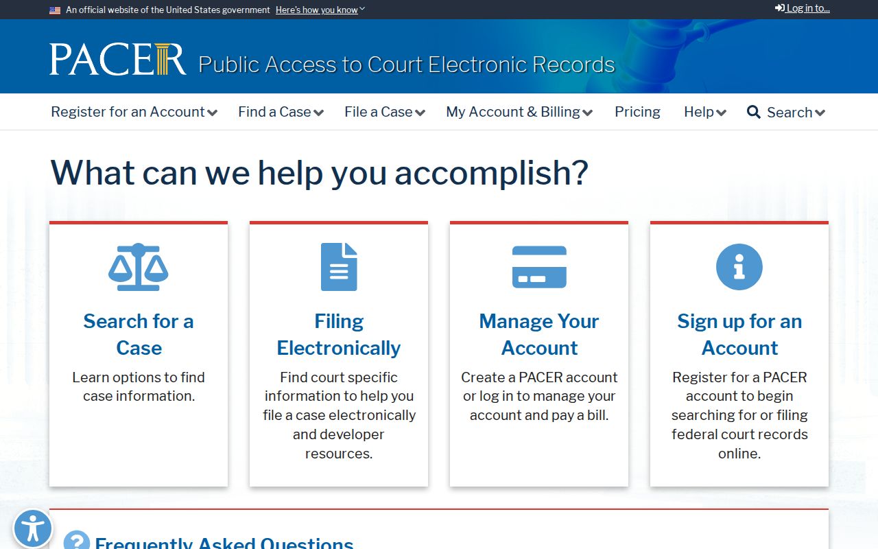 PACER federal court record access homepage
