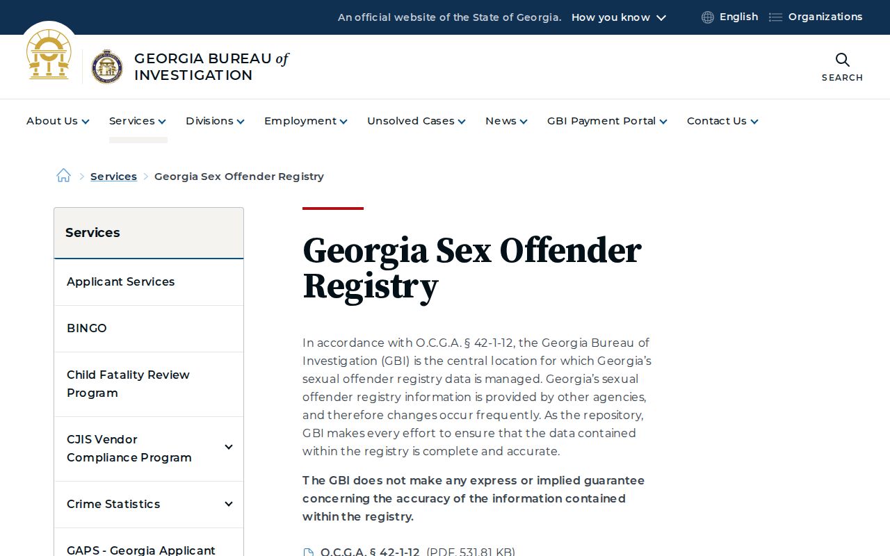 Webster County sex offender search on the GBI registry landing page